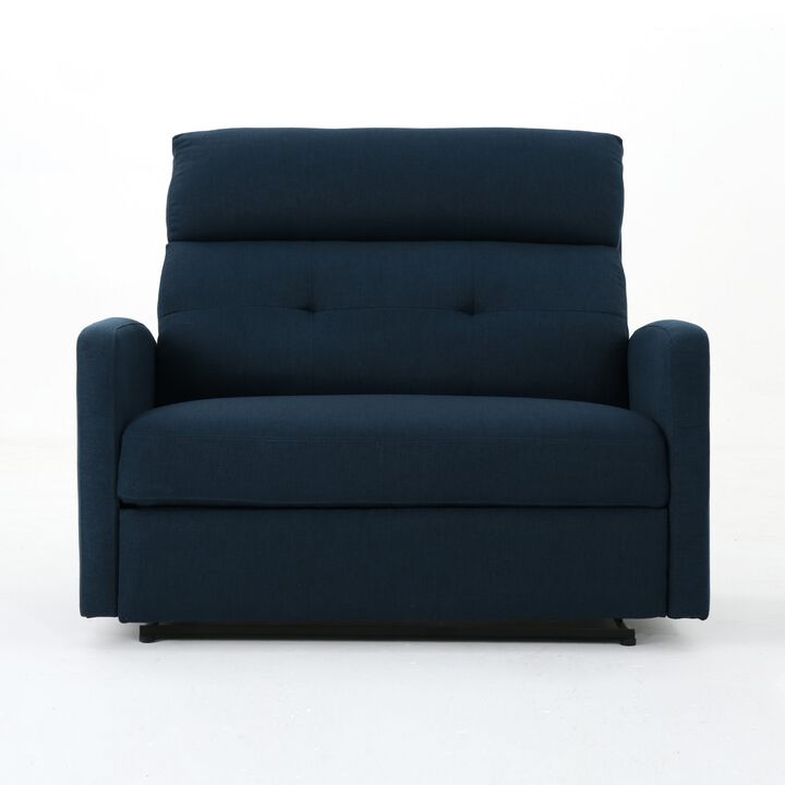 Power Recliner Chair, Oversize Wide Seat, Tufted Navy Blue Fabric - Benzara