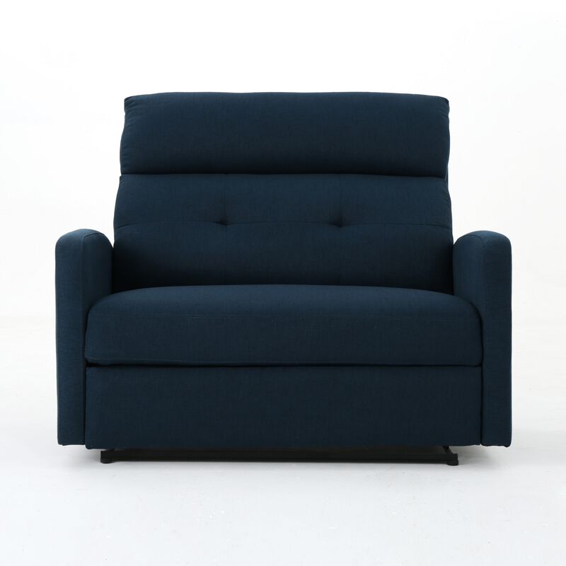 Power Recliner Chair, Oversize Wide Seat, Tufted Navy Blue Fabric - Benzara