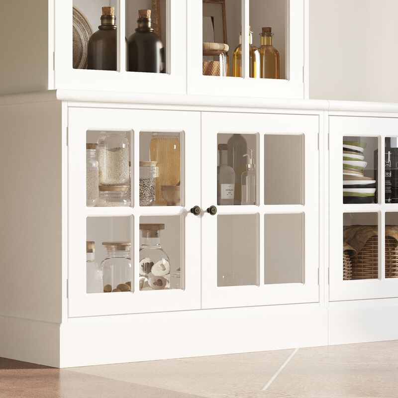 FUFU&GAGA Modern Glass-Door TV Cabinet with Vintage Metal Handles, Tempered Glass Display, and Solid Wood Feet, Water-Based Paint Finish, (125.2 in. W x 15.7 in. D x 76 in. H), White