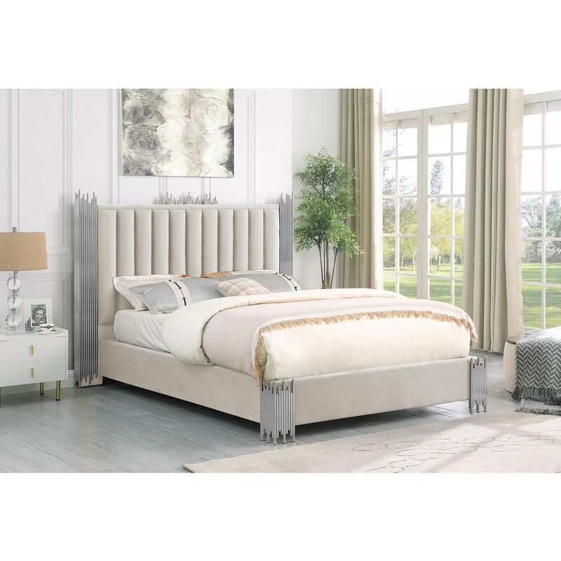 Best Quality Family Eastern King size Cream velvet bed with silver corners (Platform)