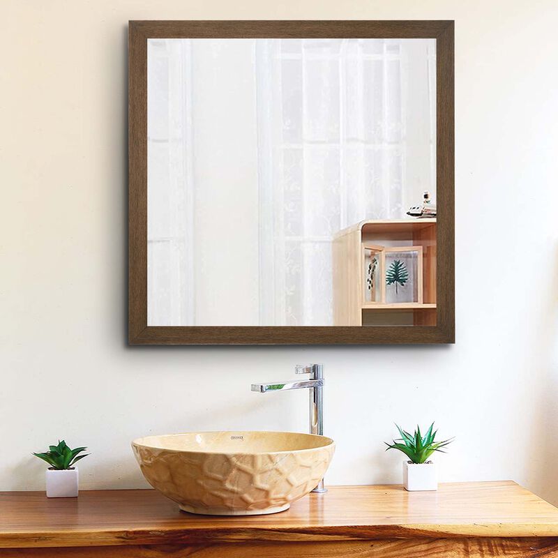 Transitional Style Wooden Frame Mirror with Grain Details, Brown - Benzara