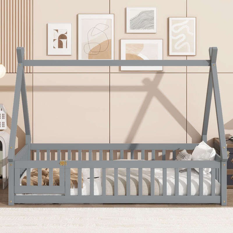 Whisen Wooden Teepee Tent Bed with Guardrails and Slats, Twin Floor Bed with Door for Kids image number 3