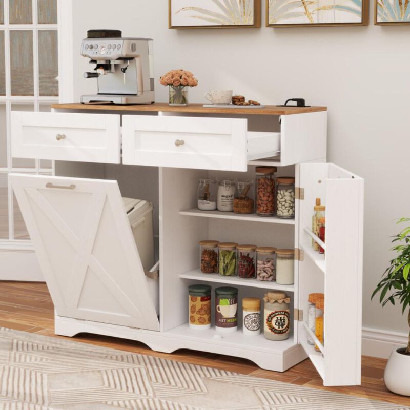 Hivvago Tilt Out Trash Can Cabinet with Outlets and Adjustable Shelf