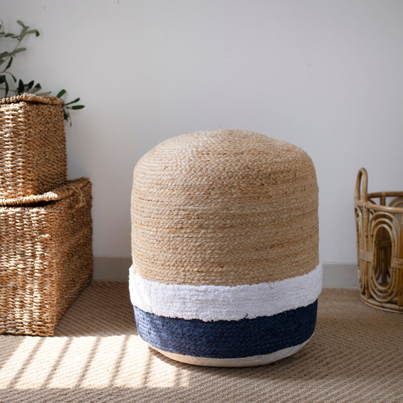 Hivvago 18 Inch Natural And Navy Blue Jute Blend Cylinder Striped Pouf Ottoman