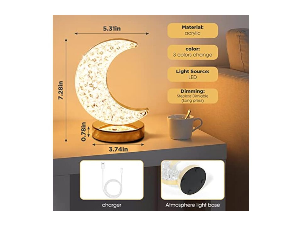Touch Control 3 Color Crystal Moon Night Light For Bedroom