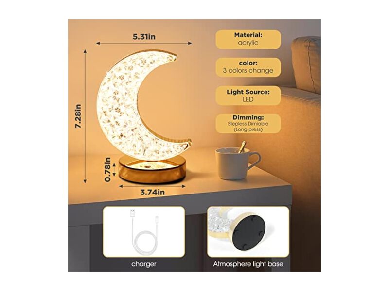 Touch Control 3 Color Crystal Moon Night Light For Bedroom image number 1