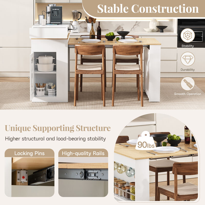 Whisen Extendable Dining Table 57.7"x32.7", Glass & MDF, w/Drawers, Power Outlet, Kitchen Island on Wheels image number 8