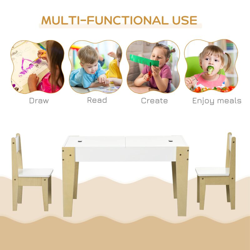 3 Pcs Kids Table and Chair Set with Storage Space, Activity Table and 2 Chairs for Toddler Arts, Crafts, Drawing, Reading, White