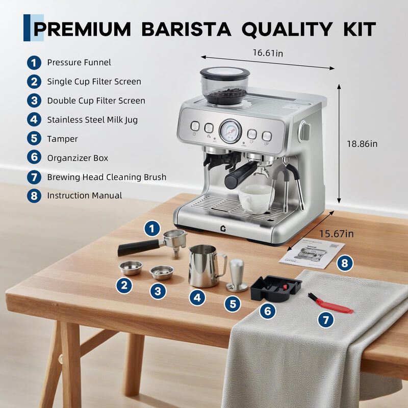20 Bar Coffee Machine with Built-in Grinder, Stainless Steel, Steam Wand, 2.8L Tank &ndash; Home&Office image number 4