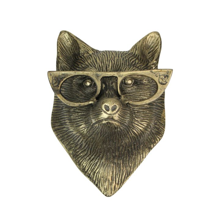 Gold Fox Head Wall Hanging With Spectacles, Whimsical Animal Decor, 6 High
