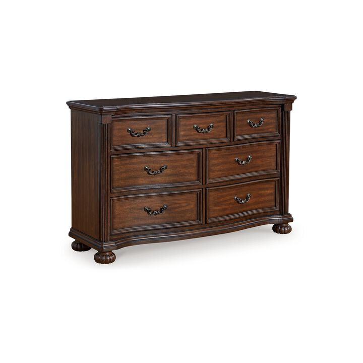 Laon Wide Dresser, 7 Drawer, 60 inch, Solid Cherry Brown Hardwood - Benzara