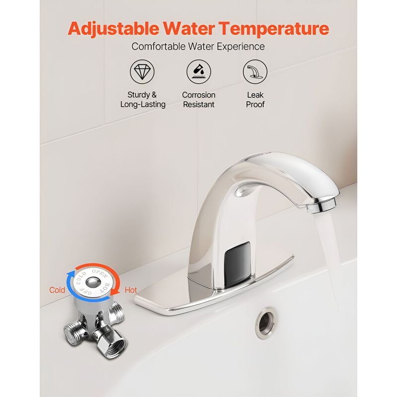 Touchless Restroom Faucet with Hole Cover, Battery Operated, Adjustable Water Temp-Silver image number 5