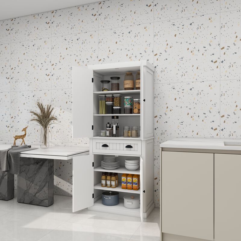 White Wood 29.92 in. Pantry Cabinet with Doors and Drawers，Adjustable Shelves