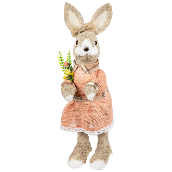 Rustic Girl Rabbit Easter Figure with Flowers - 15.25" - Beige
