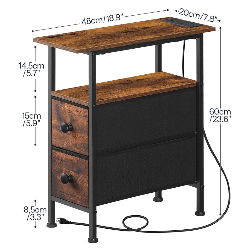 HOOBRO End Table with Charging Station, Narrow Side Table with 2 Fabric Drawers, Skinny Nightstand with Storage, Slim Bedside Ta