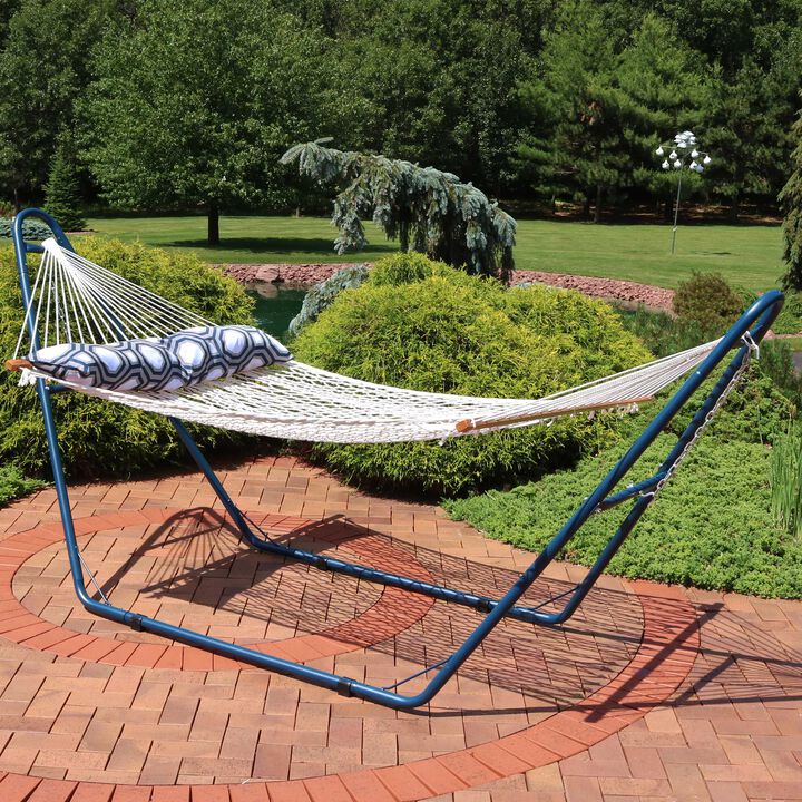 Sunnydaze 2-Person Rope Hammock with Blue Steel Stand and Pillow - Natural