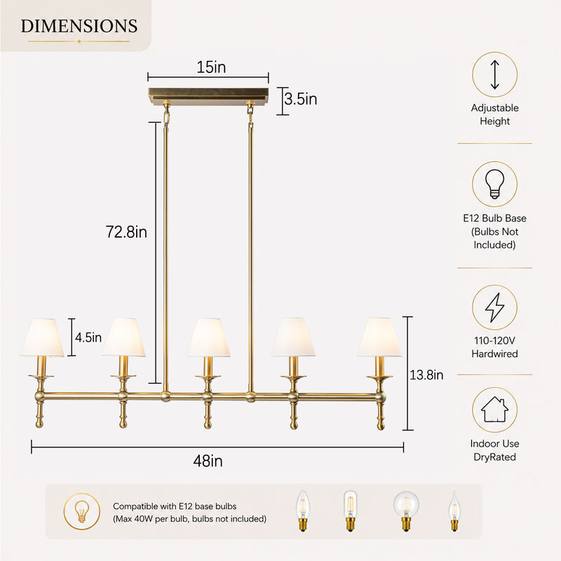 Transitional Warm Brass Linear Chandelier with Fabric Shades for Dining Room Kitchen Island image number 6