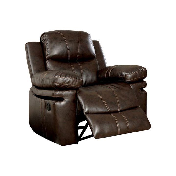 41 Inch Manual Recliner Chair, Brown Bonded Leather, Contrast Stitching-Benzara