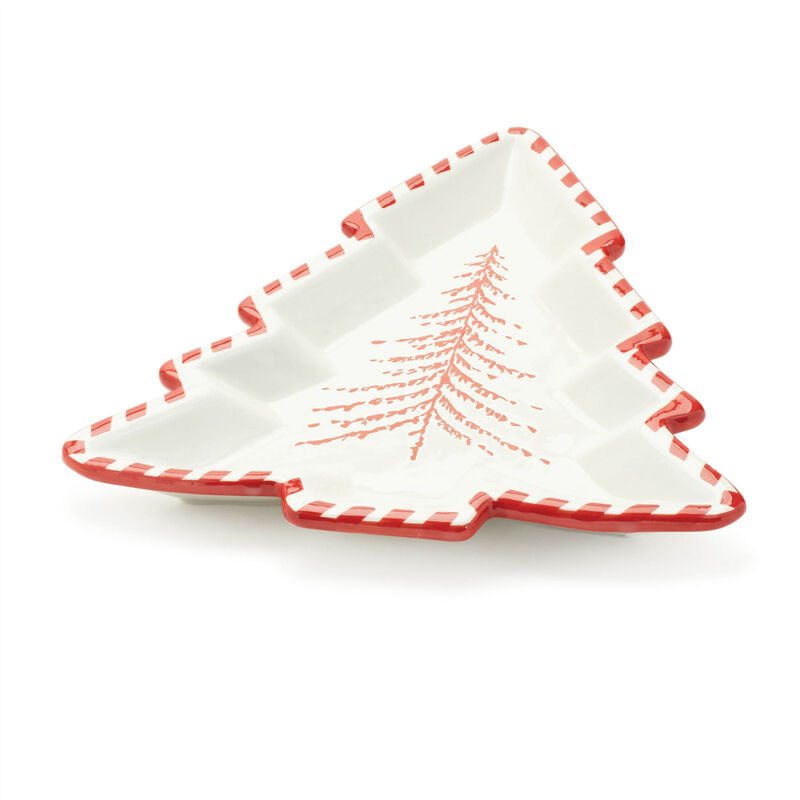 HomeRoots Set of Two Red And White Ceramic Tree Shaped Christmas Serving Trays image number 2