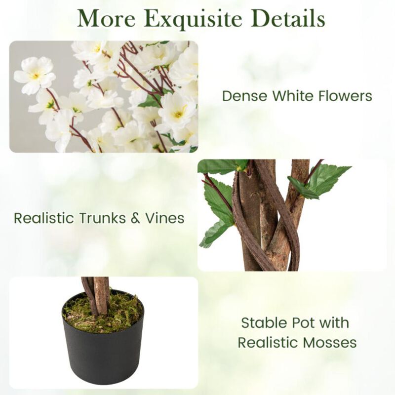 Hivvago Faux Plum Blossom Plant with White Fabric Flower and Solid Wood Trunk