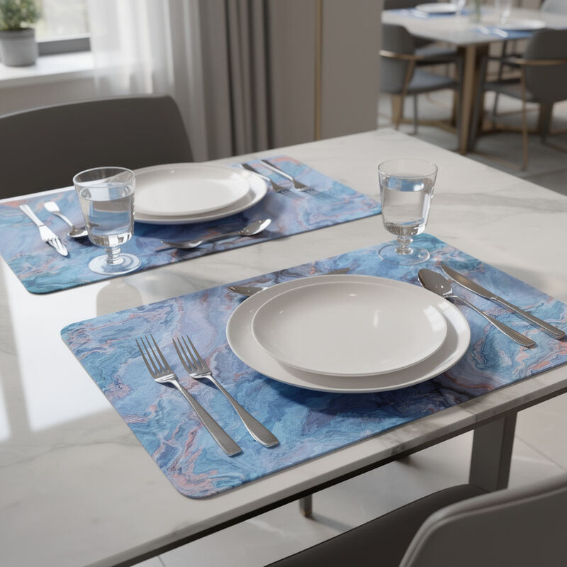 HomeRoots 18" Set of Two Blue Abstract Faux Marble Cork Placemats image number 1