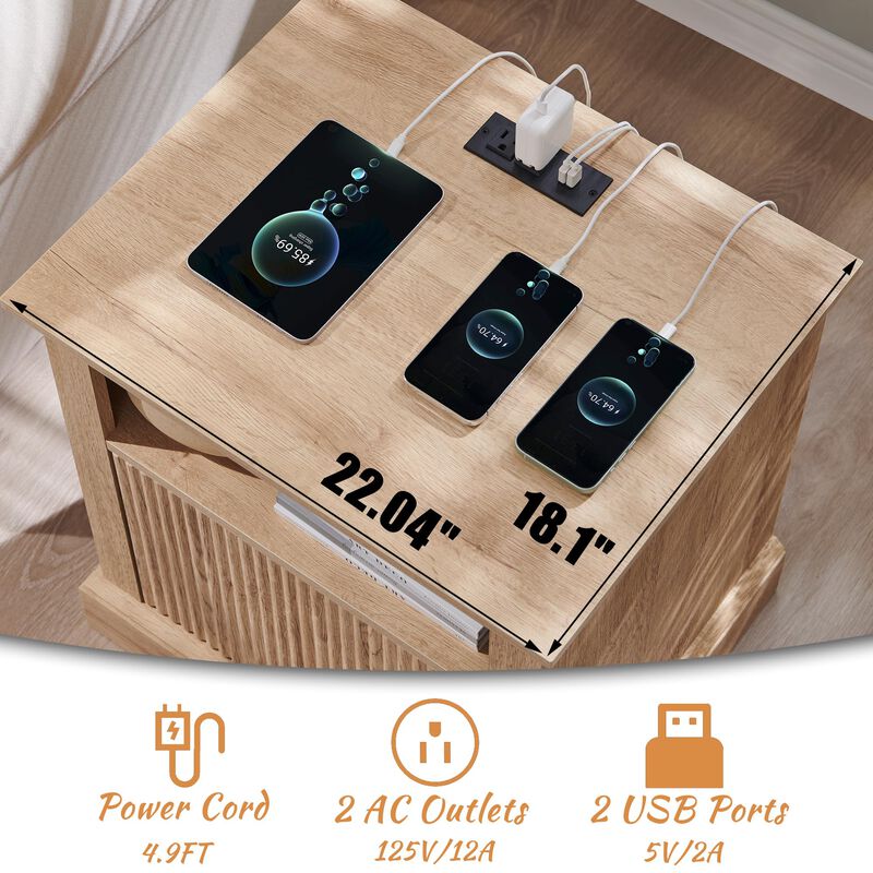 Fluted Wood Nightstand with USB & AC Charging, 22" Wide Side Table, Open Shelf
