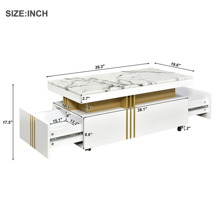 Contemporary Coffee Table with Faux Marble Top, Rectangle Cocktail Table with Caster Wheels, Moderate Luxury Center Table with Gold Metal Bars for Living Room, White