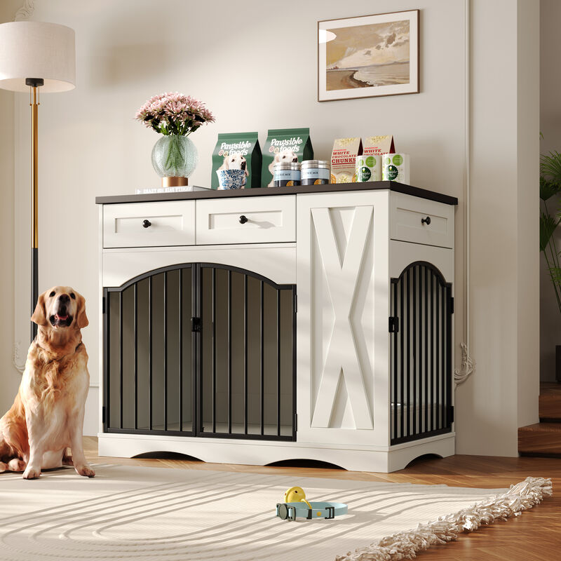Whisen 43.3" Indoor Wooden Cabinets, Dog Kennel with 3 Drawers and Removable Feeder image number 5