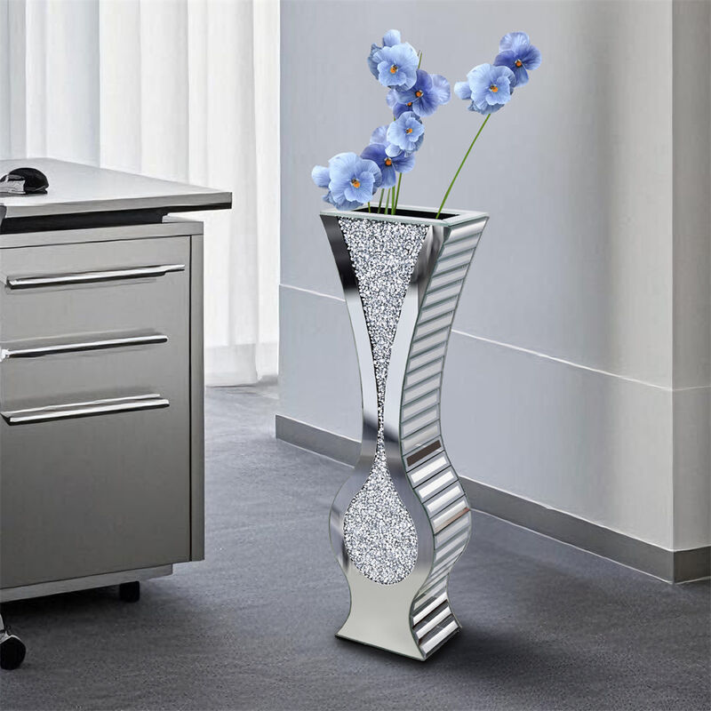 27" Tall Crystal Diamond Mirrored Floor Vase Modern Glass Decor Dry Flowers Only image number 2