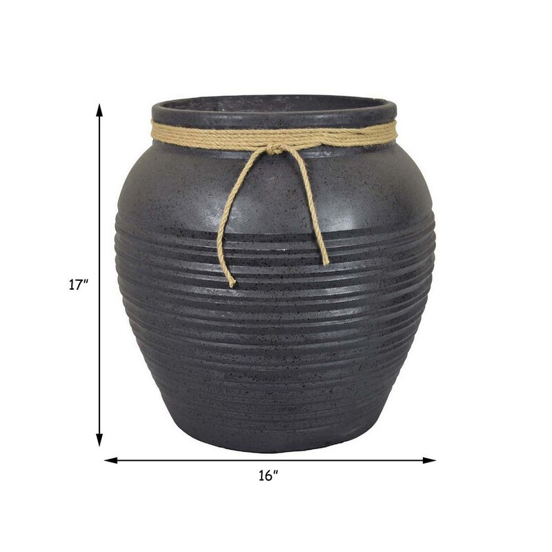 17 Inch Planter with Rope Accent Details, Round, Clean Lines, Black Resin - Benzara