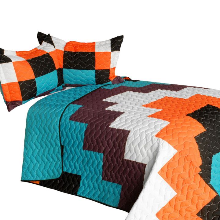 Queen Size Vermicelli Quilted Patchwork Quilt Set 3 Piece Geometric Print-White