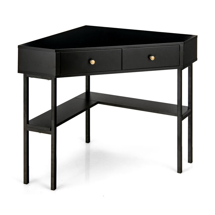Space Saving Corner Computer Desk with 2 Large Drawers and Storage Shelf