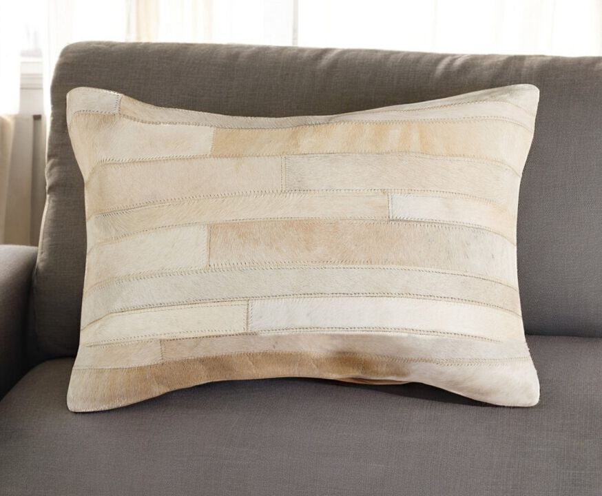 HomeRoots 12" X 20" Natural Patchwork Cowhide Lumbar Throw Pillow