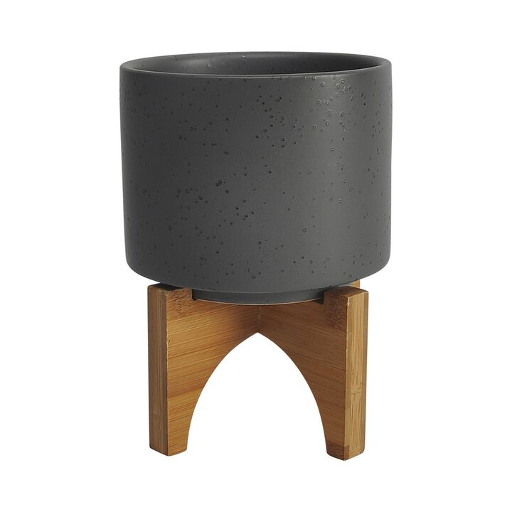 Planter with Textured Ceramic and Wooden Stand, Small, Gray- Benzara