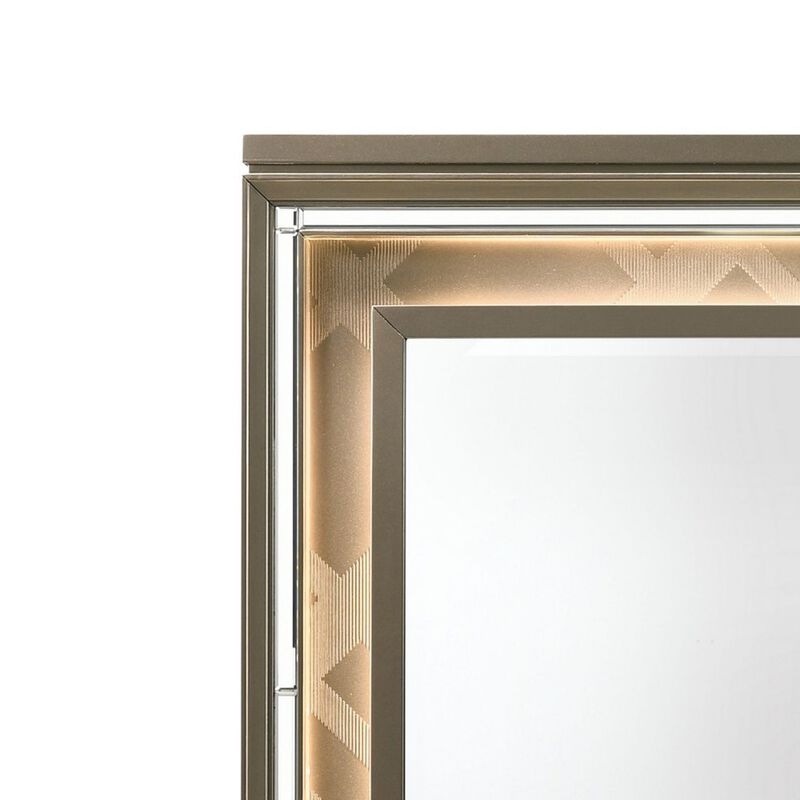 Contemporary Wall Mirror with LED and Accent Details, Gold and Brown-Benzara image number 2