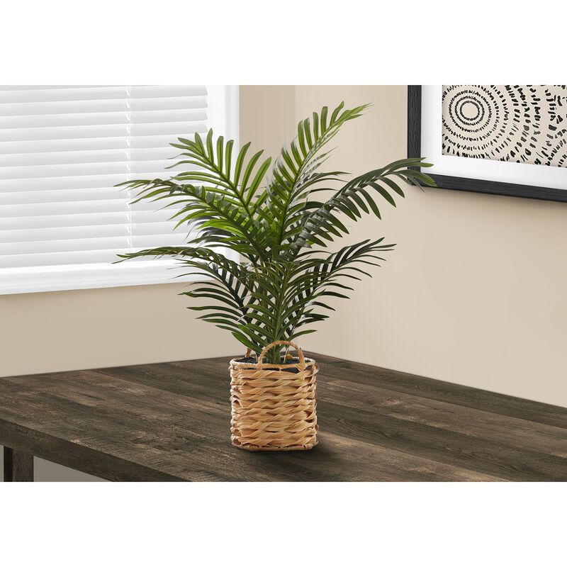Monarch Specialties I 9503 - Artificial Plant, 24" Tall, Palm, Indoor, Faux, Fake, Table, Floor, Greenery, Potted, Real Touch, Decorative, Green Leaves, Beige Woven Basket image number 1