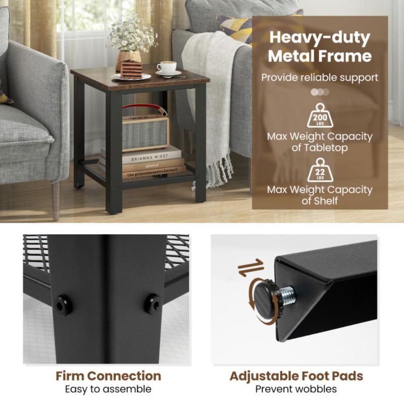 Hivvago 2-Tier Industrial End Table with Storage Shelf for Small Space