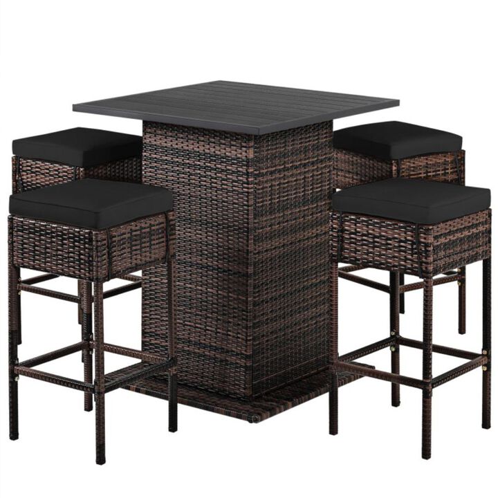 Hivvago 5 Pieces Patio Rattan Bar Furniture Set with Cushions and Hidden Storage Shelf