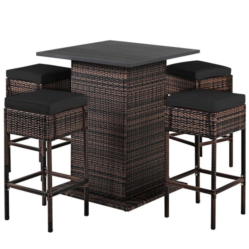 Hivvago 5 Pieces Patio Rattan Bar Furniture Set with Cushions and Hidden Storage Shelf