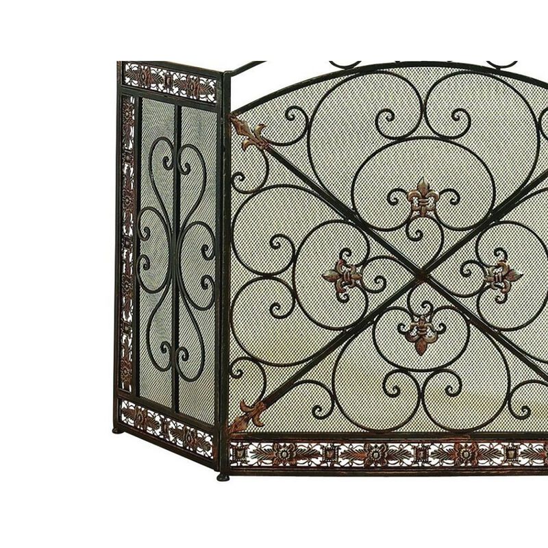 Traditional 3 Panel Metal Fire Screen With Filigree Design, Bronze, Black-Benzara