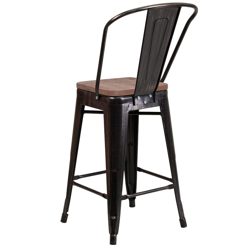 Flash Furniture Lily 24" High Black-Antique Gold Metal Counter Height Stool with Back and Wood Seat
