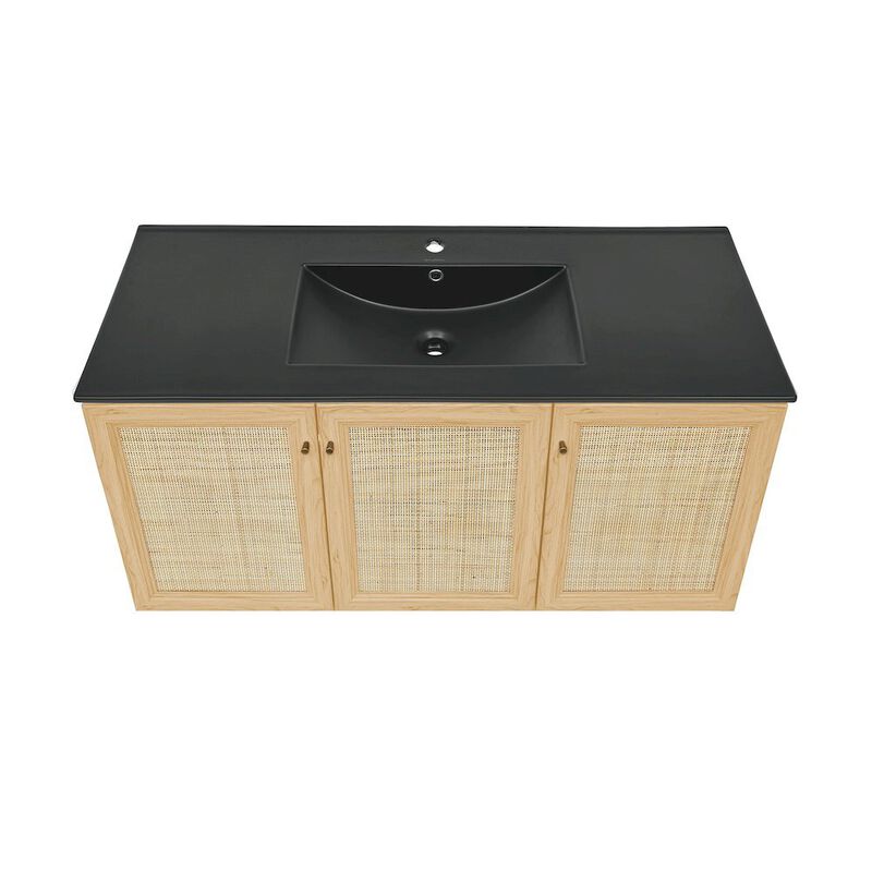Classe 48" Wall-Mounted Bathroom Vanity in Natural Oak with Black Sink Top image number 2