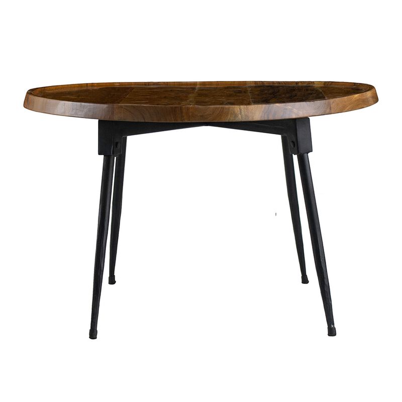 Aji 39 Inch Coffee Table, Oval Brown Wood Grain Acacia Wood Top, Metal Legs