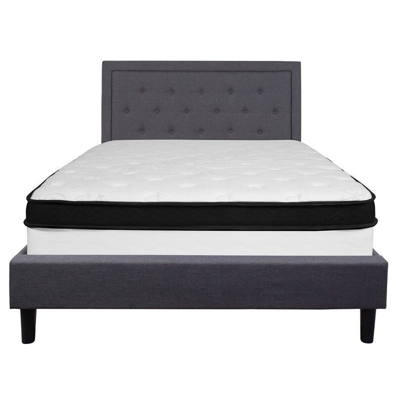 Roxbury Queen Size Tufted Upholstered Platform Bed in Dark Gray Fabric with Pocket Spring Mattress