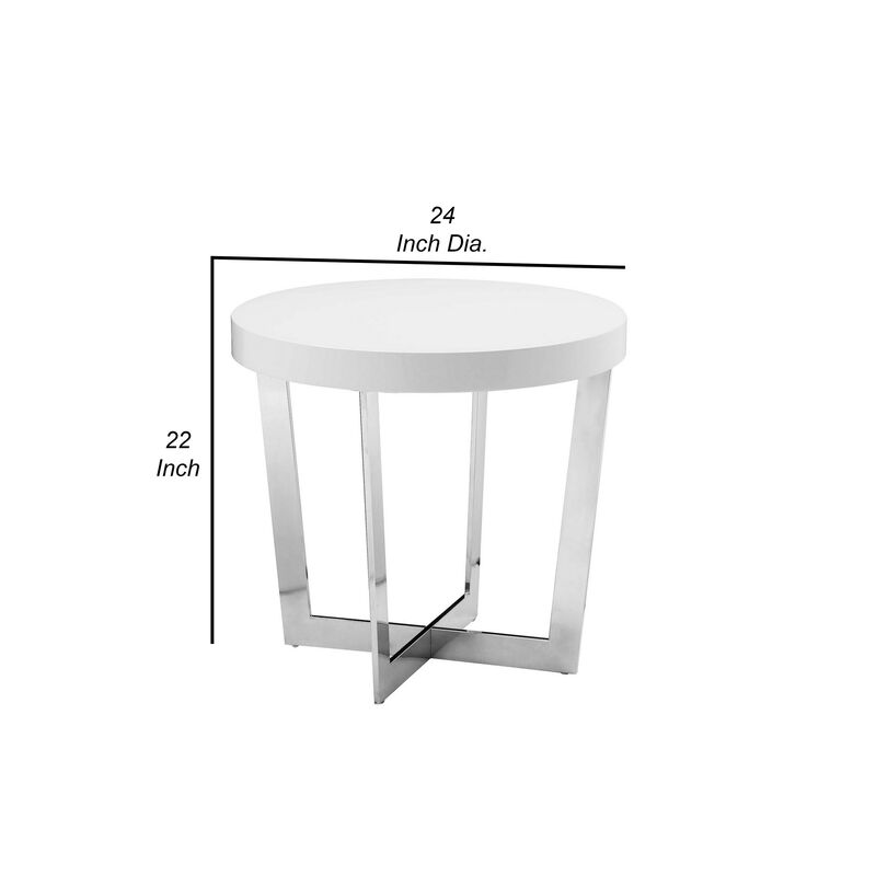 Tini 24 Inch Side End Table, Round Shaped Top, Metal Frame, White Finish