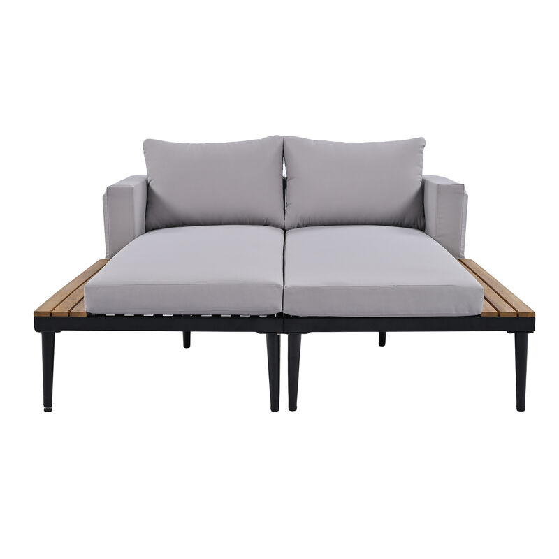 2-in-1 Outdoor Sofa Daybed for Poolside/Balcony, Wood-Topped Side Spaces & Padded Lounges