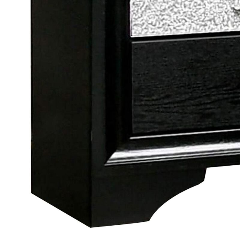 Nightstand with Silver Trim Accent and 1 Jewelry Drawer, Black-Benzara