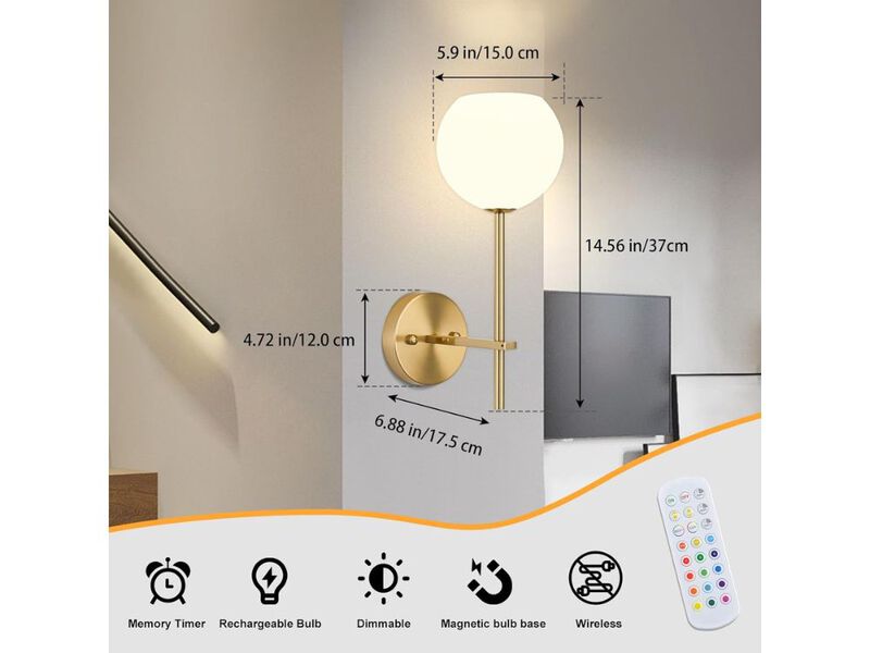 Gold Wireless Wall Sconces Set of 2 Rechargeable RGB Dimmable Lights with Remote image number 2