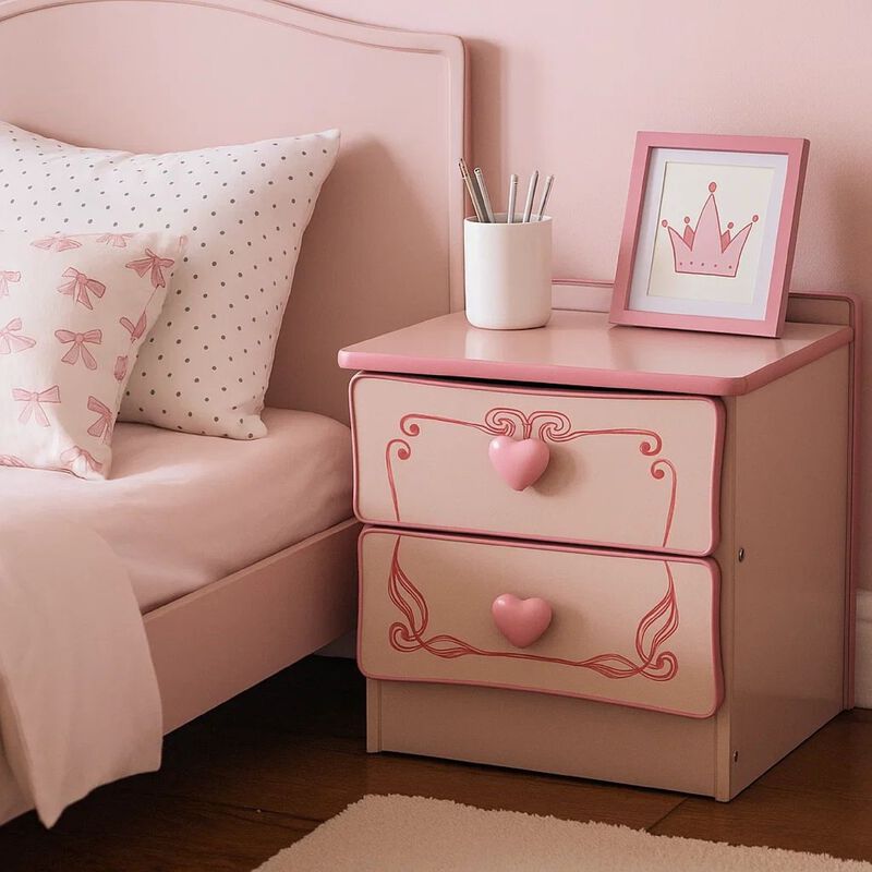 2 Drawer Wooden Nightstand with Heart Knob Pulls, Pink