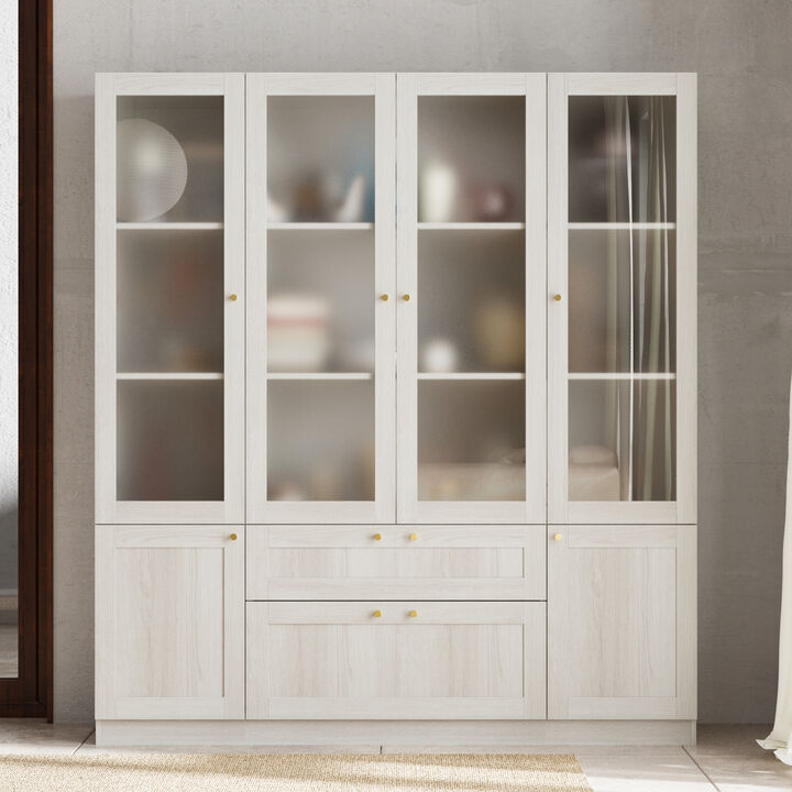 FUFU&GAGA Modern Wood Grain Bookcase with Adjustable Shelves and Lockable Drawers (63" W x 70.9" H x 15.7" D), Elegant Glass Doors and Wood Grain